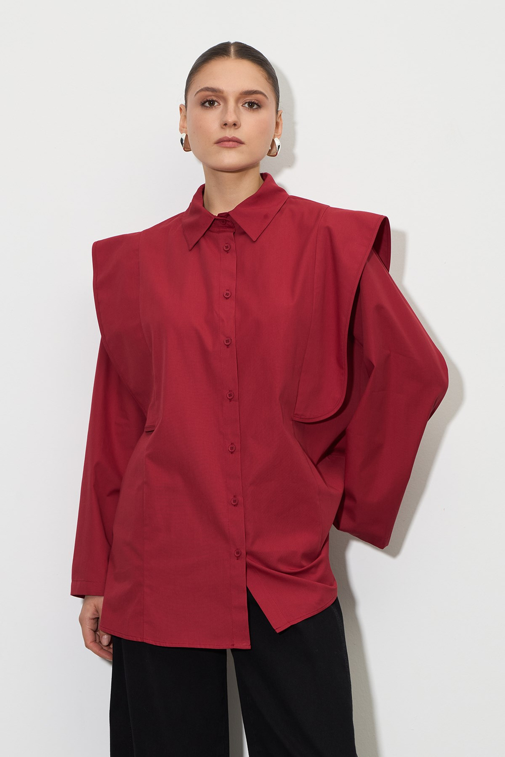 Peplum Omuz Detaylı %100 Pamuk Gömlek Kırmızı