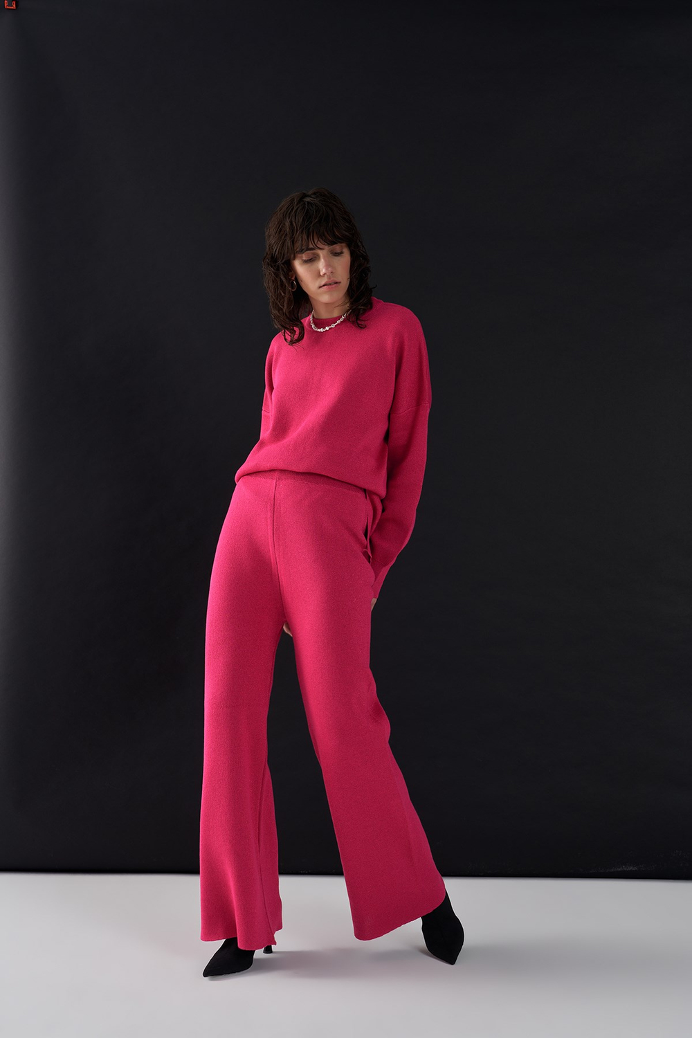 Simli Beli Lastikli Flare Triko Pantolon Fusya