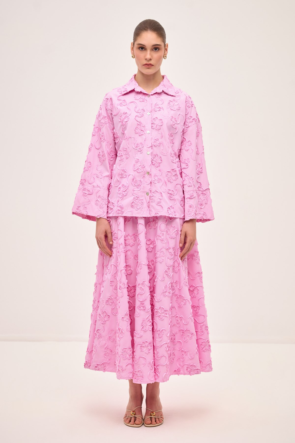 Çiçekli Poplin Gömlek ve Kloş Etek Takım Pembe
