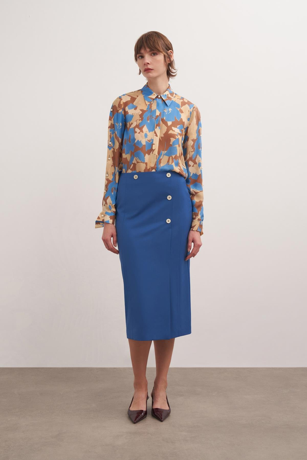 Asimetrik Düğmeli Yünlü Kalem Etek Bazalt Mavisi