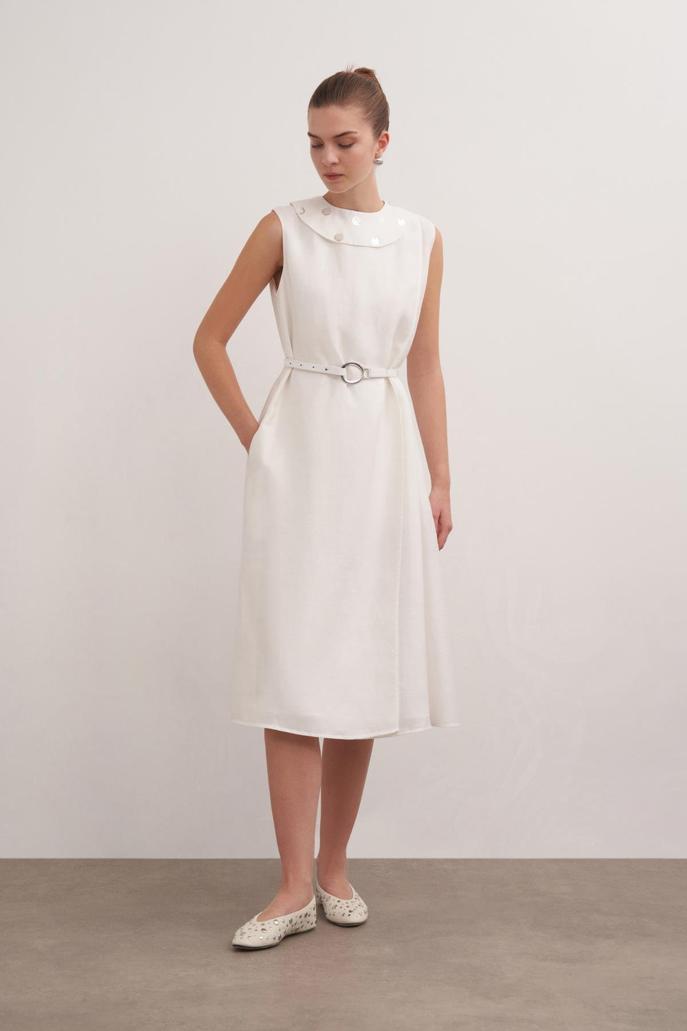 Keten Karışımlı Midi Elbise Beyaz