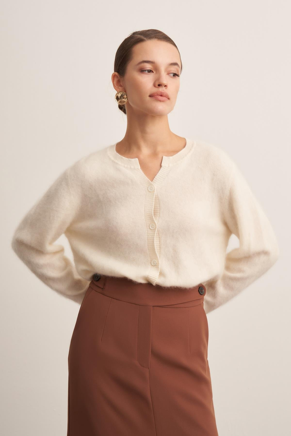 Yün Kaşmir Karışımlı Krem Kadın Hırka