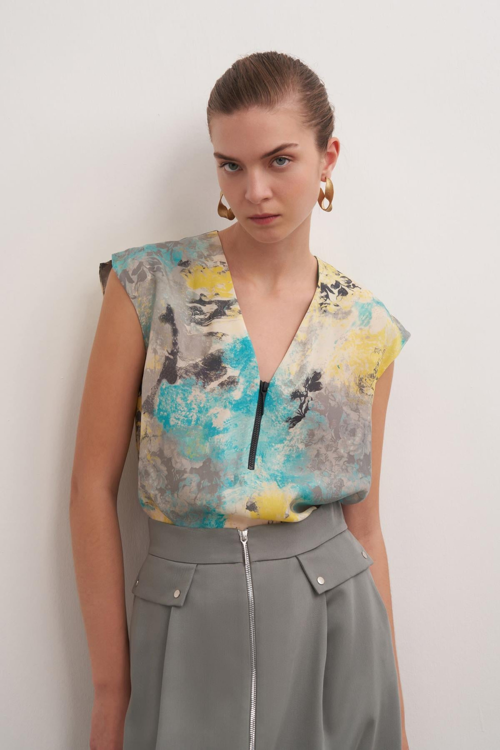 V-neck Cupro Blouse Prınt