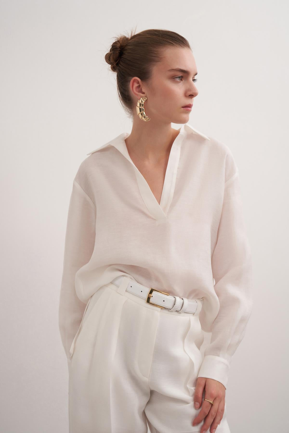 Linen Blend Blouse Off Whıte