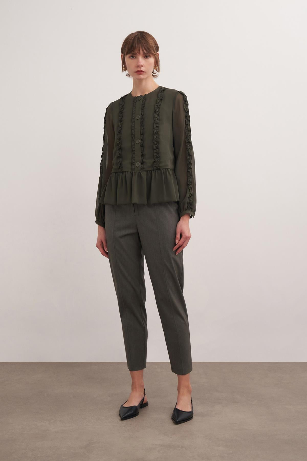 Tie-detail Pleated Chiffon Blouse Sea Kelp