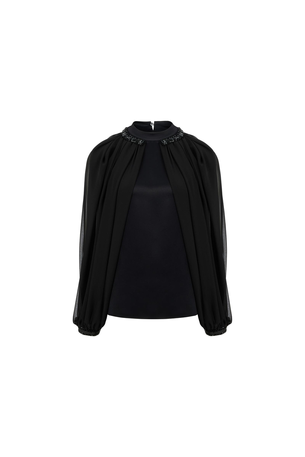 Satin Blouse Featuring Cape Sleeves With Jet Stone Detailing Black