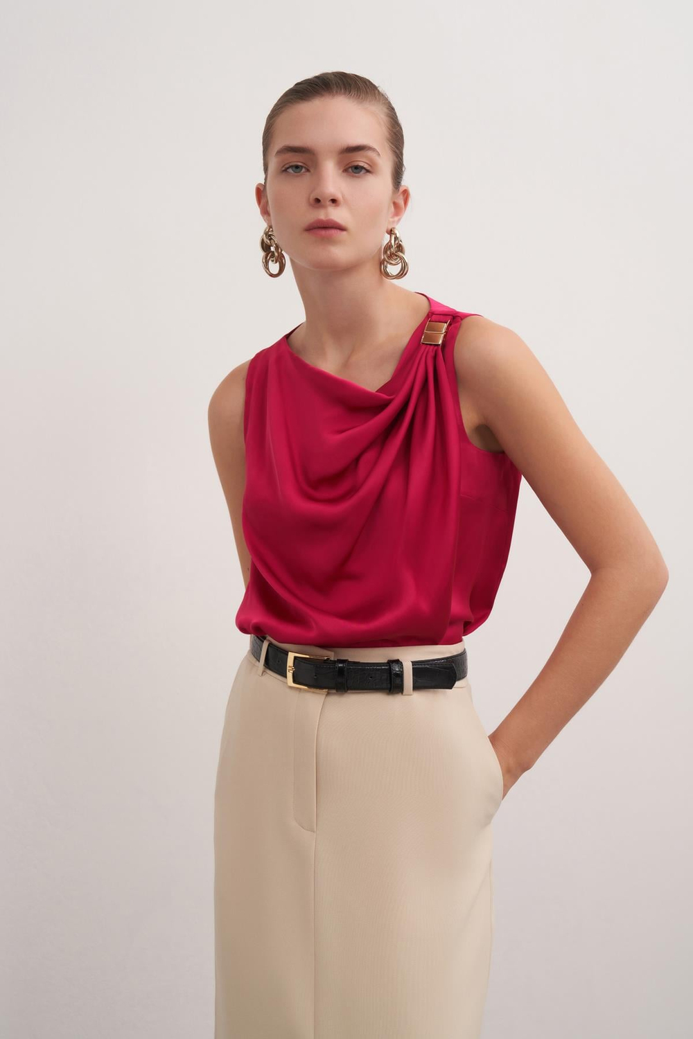 Satin Blouse With Buckle Detail Cherry