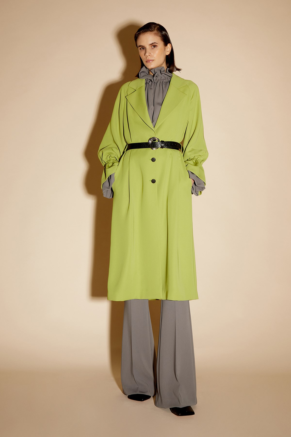 Duster Wıth Rouched Sleeve And Belt Matcha