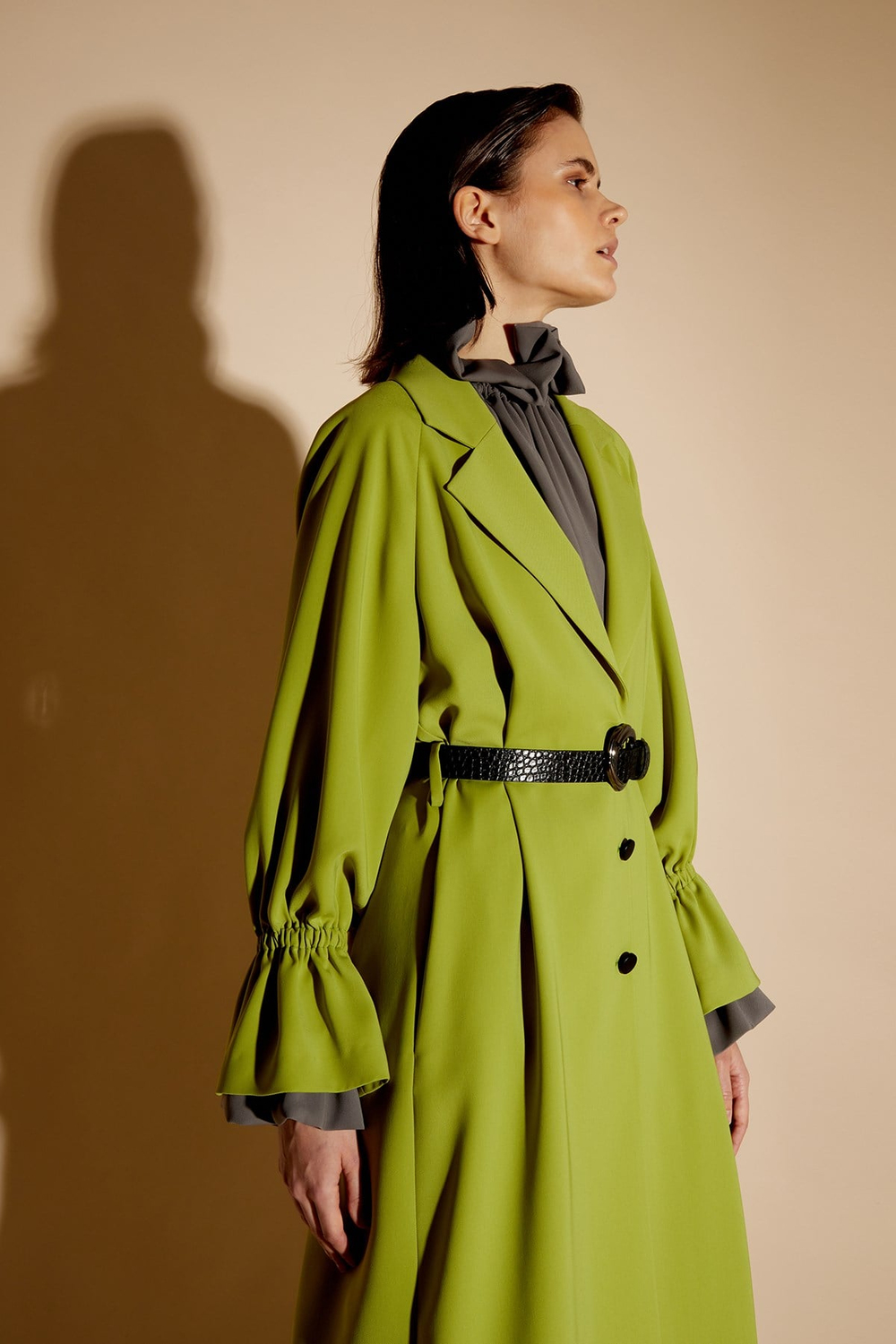 Duster Wıth Rouched Sleeve And Belt Matcha