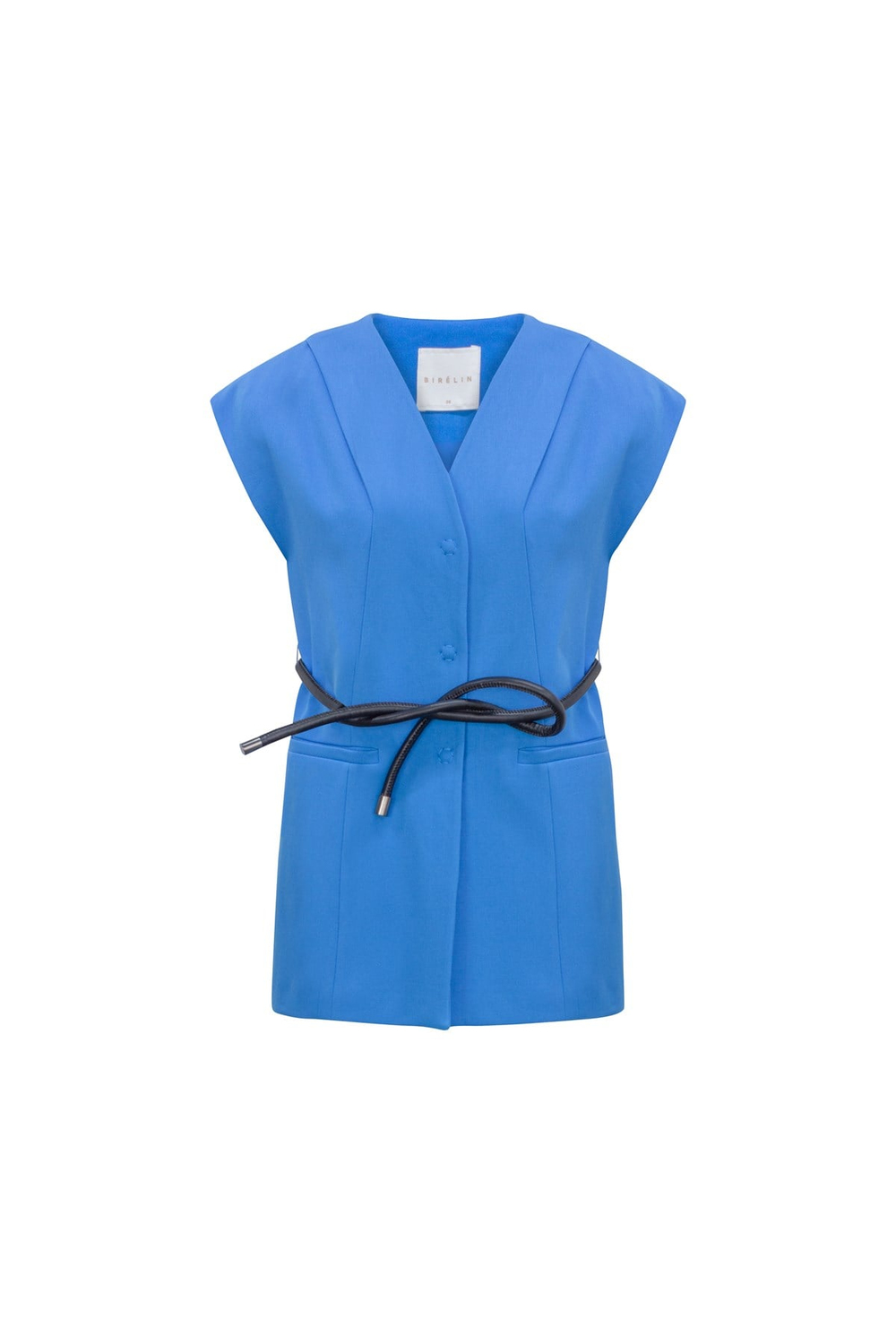 Collarles Vest With Snap Opening And Belt Blue Jewel