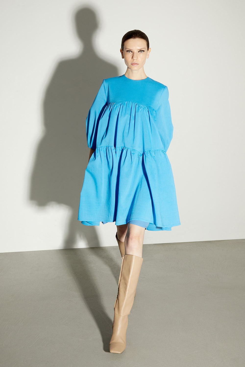 Crepe Cotton Organdy Panelled, Rouched Dress Blue Jewel