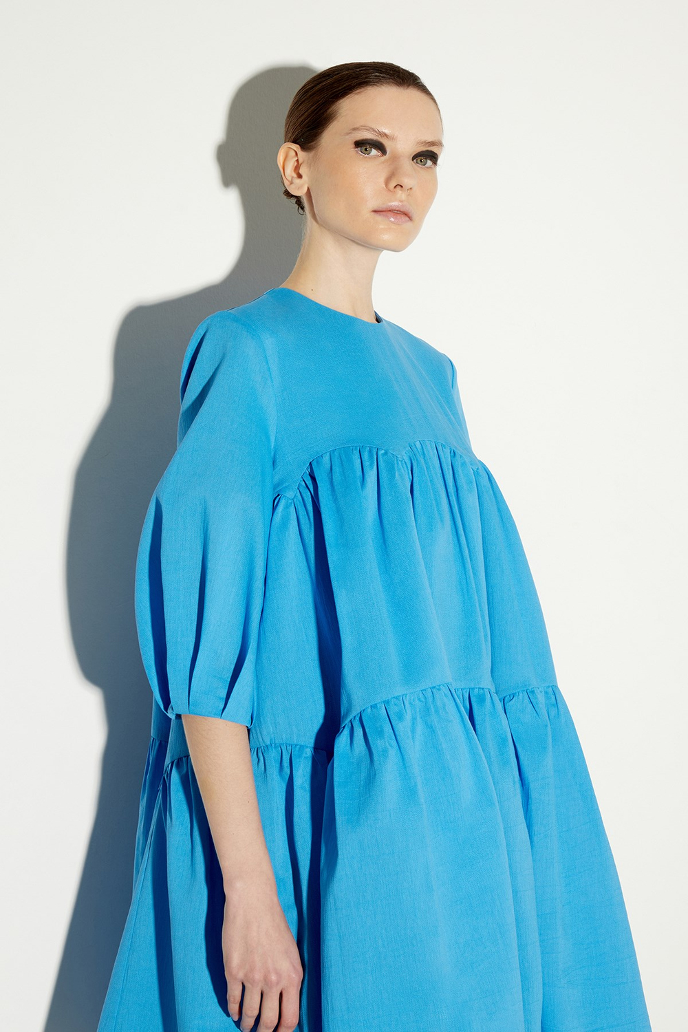 Crepe Cotton Organdy Panelled, Rouched Dress Blue Jewel