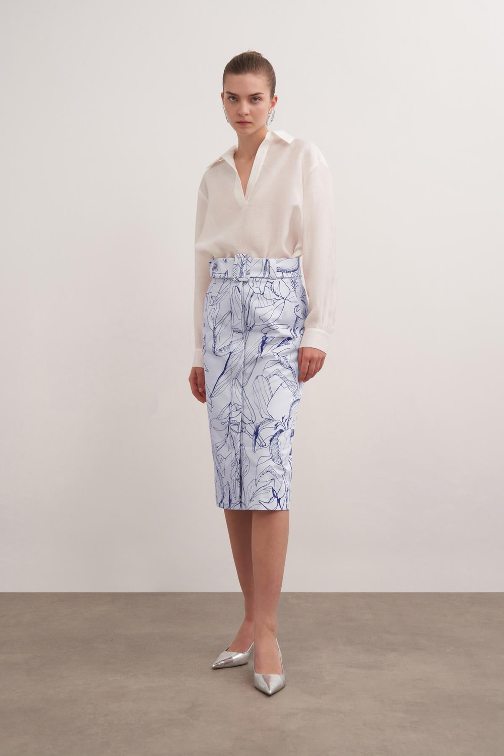 Patterned Cotton Pencil Skirt Prınt