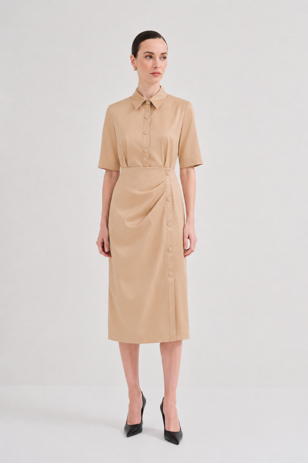 Faux Leather Dress With Draped Details Beıge