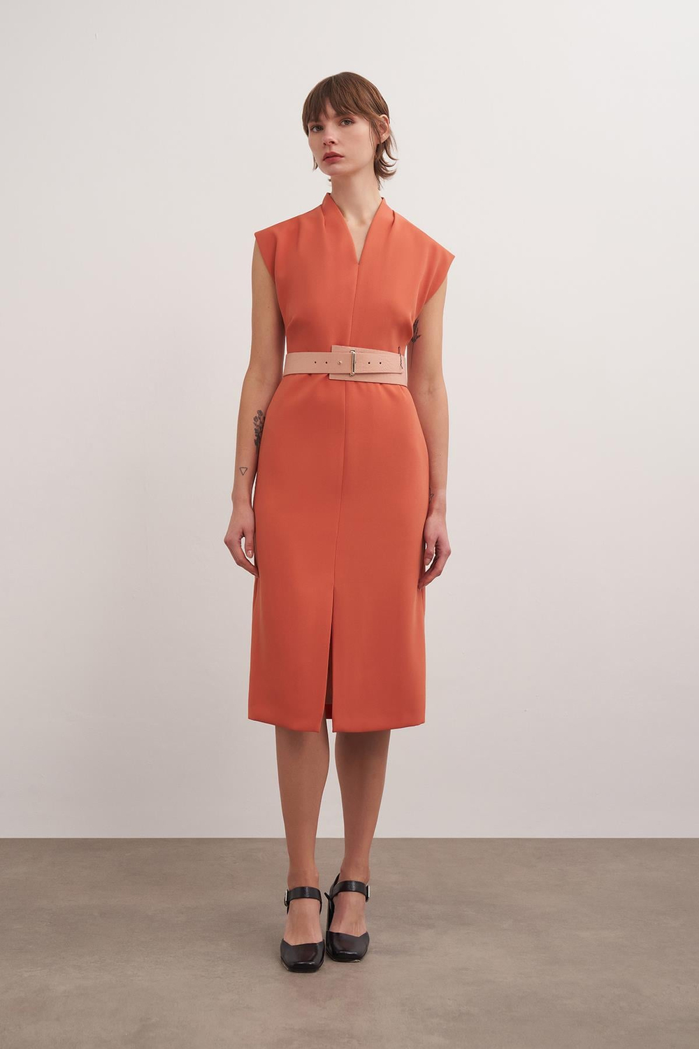 Stand Collar Crepe Dress Flame