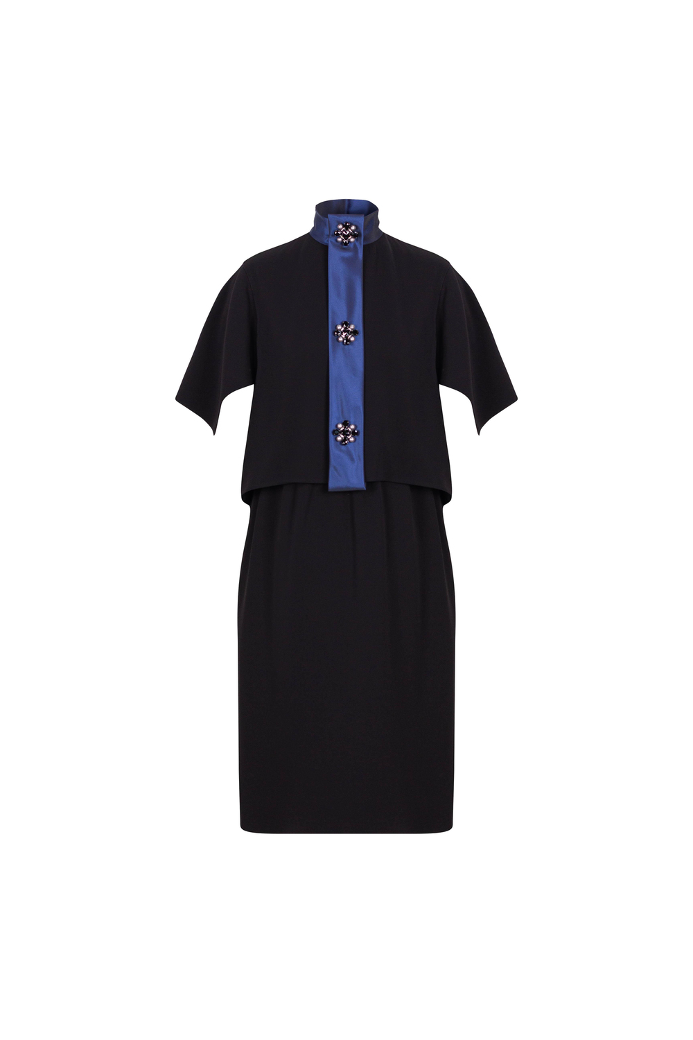 Taffeta And Brooch Detailed Stand Collar Dress Black