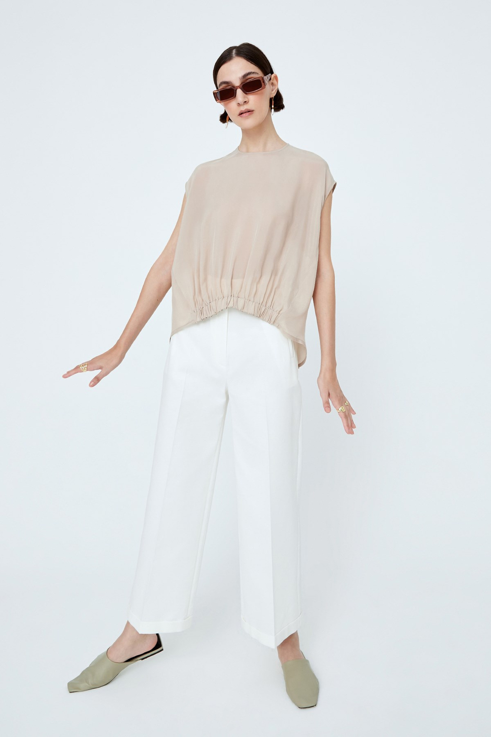 Duble Paça Düz Kesim Bilekte Cotton Pantolon Beyaz