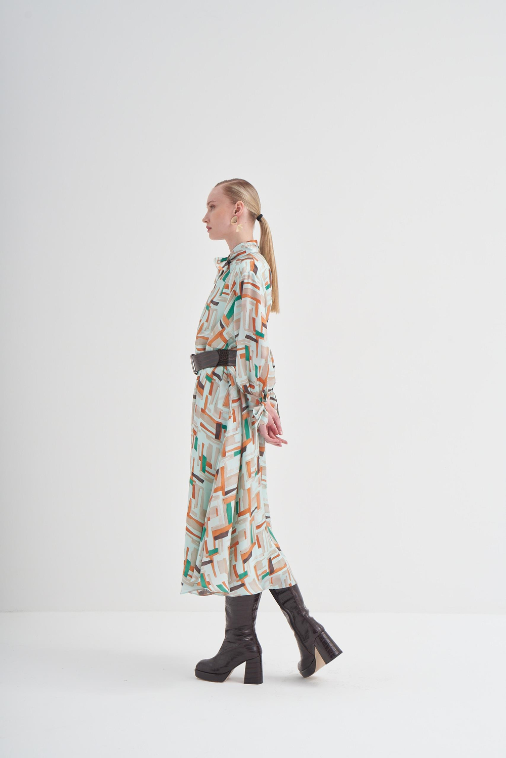 Bow Tie Neck Detail Cupro Dress Prınt