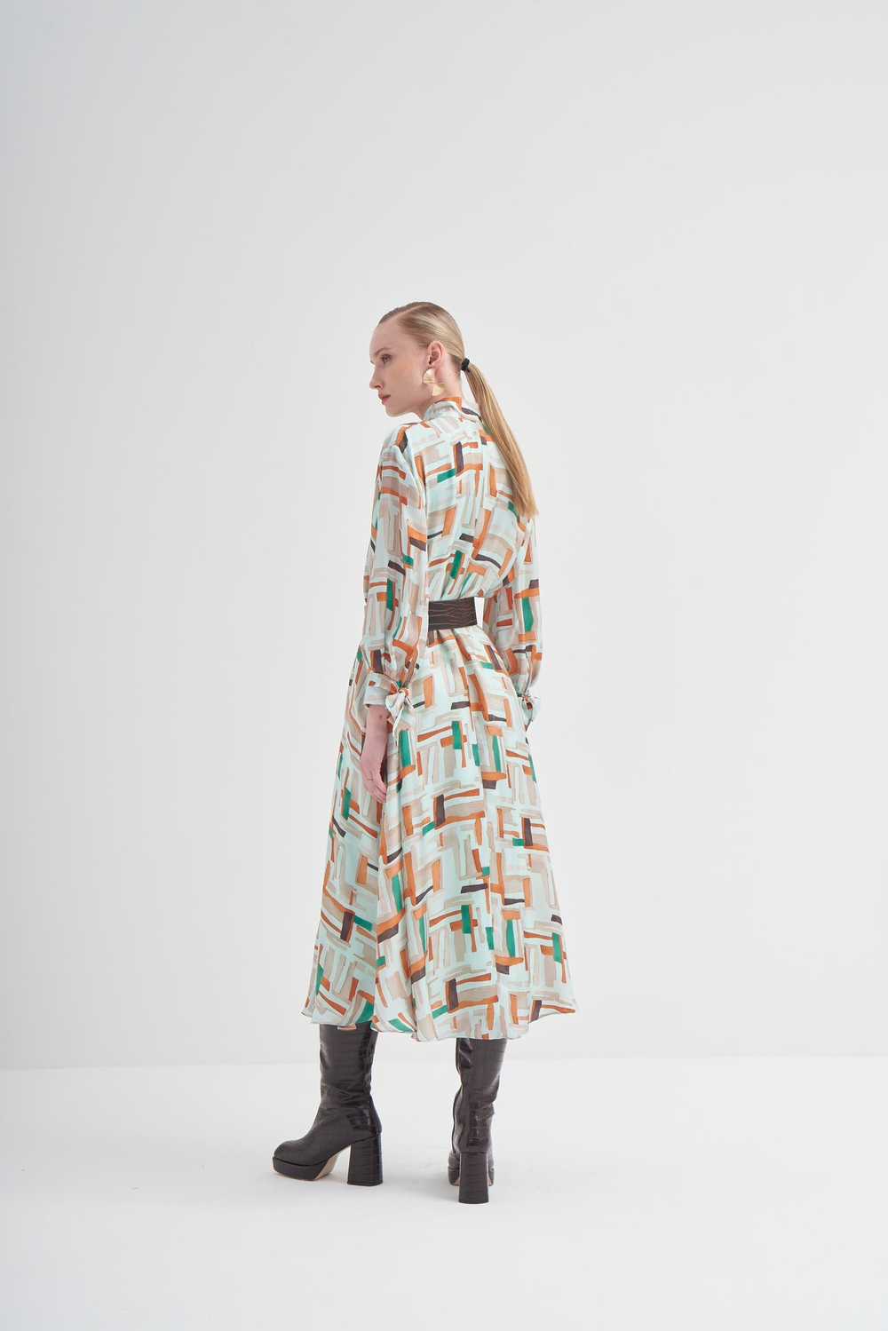 Bow Tie Neck Detail Cupro Dress Prınt