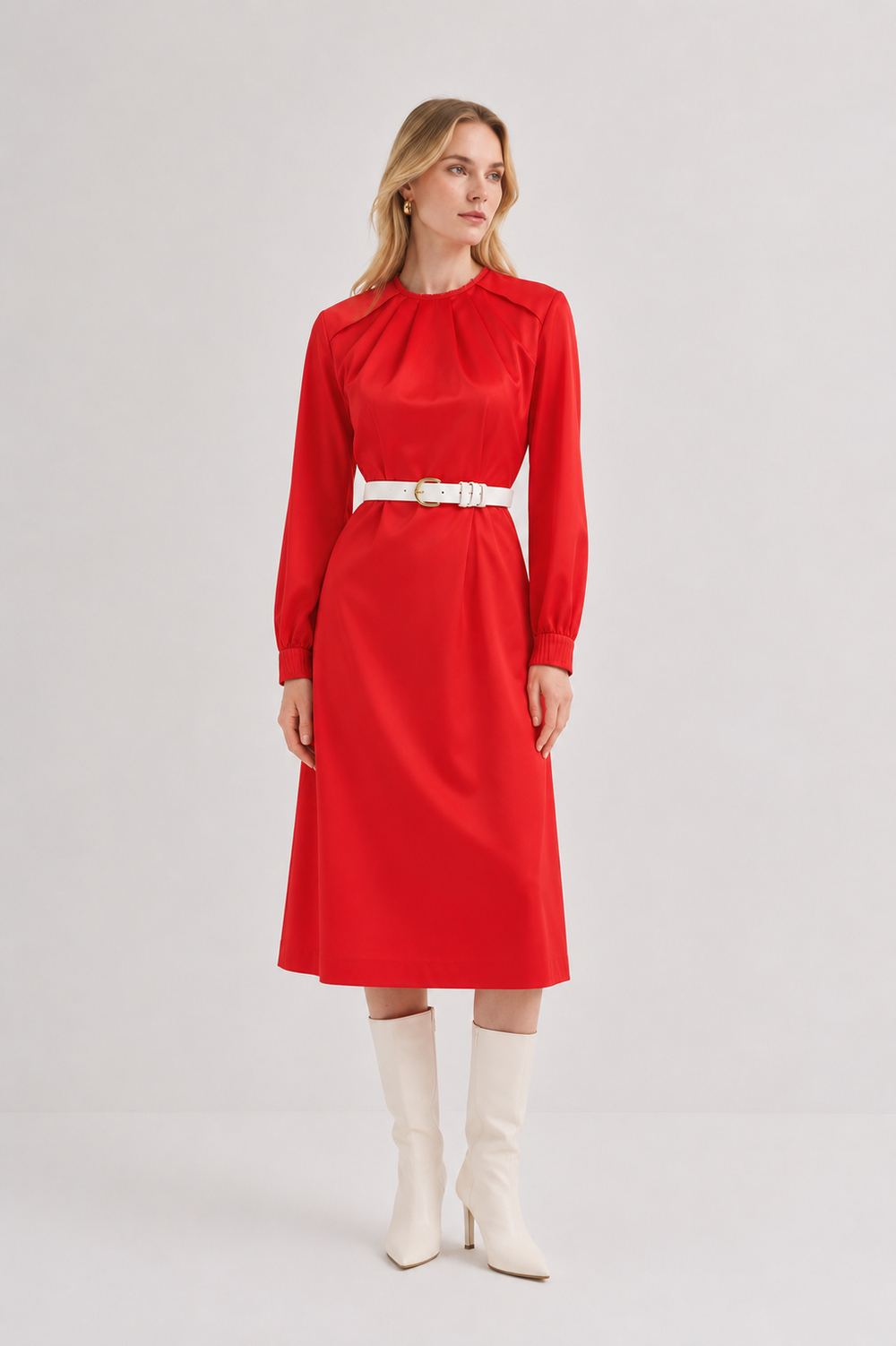 Pleat-pressing Detail Cotton Dress Red