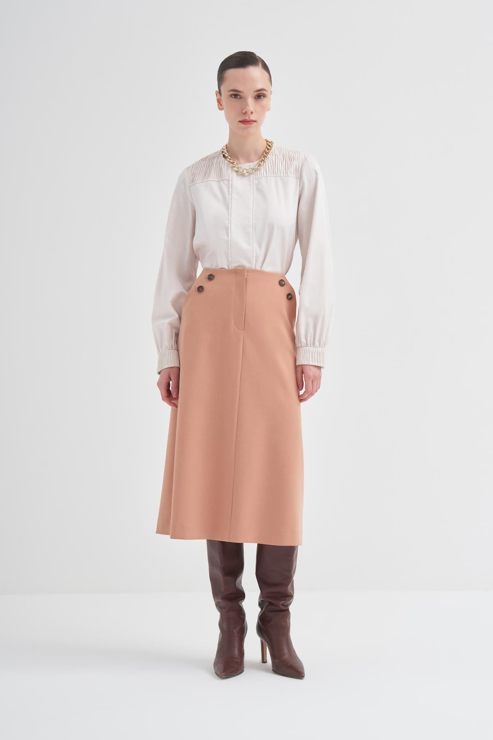 Button Detail Polyester-viscose Skirt Pınk Clay