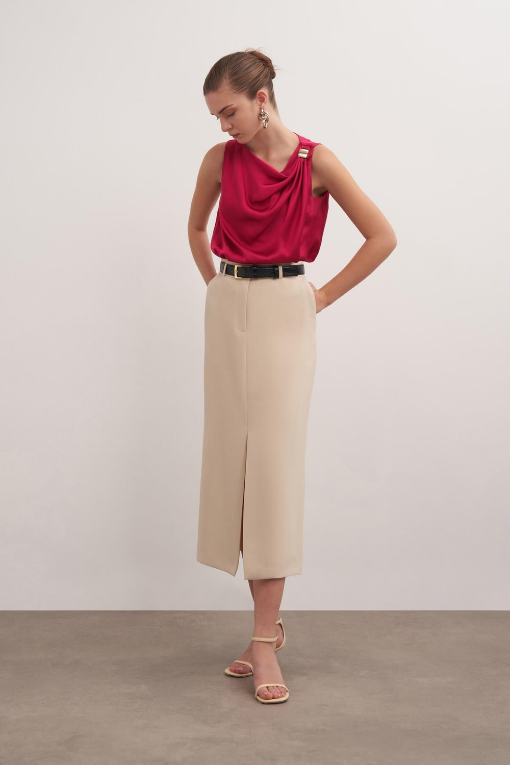 Polyviscose Pencil Skirt Lıght Gold