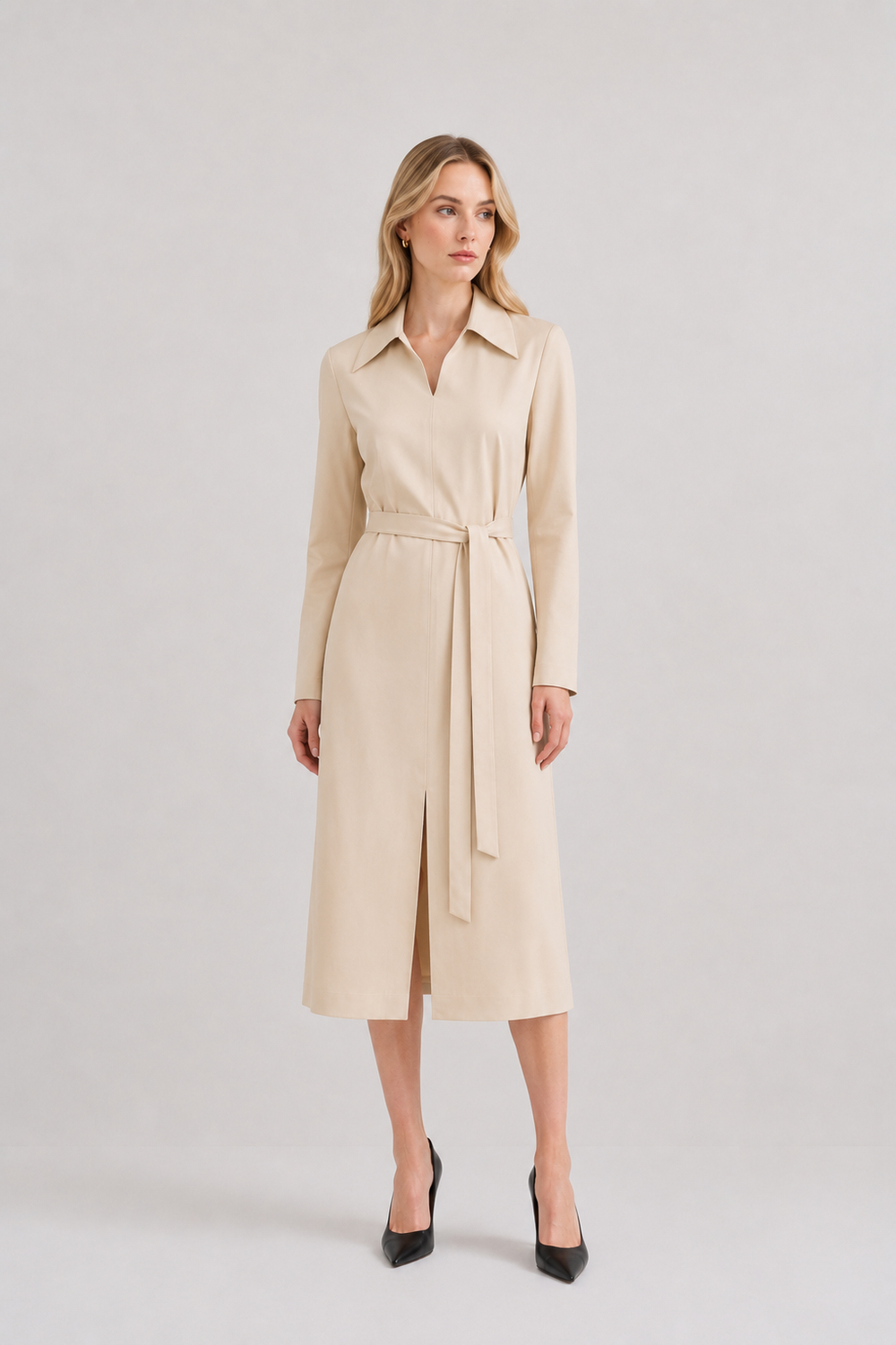 Shirt Collar Viscose Dress Stone