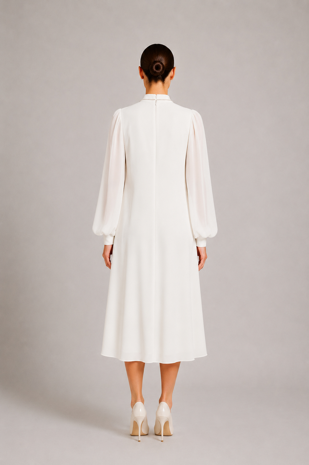 Chiffon Dress With Waterfall Neckline And Crystal Stone Embellishments Ivory