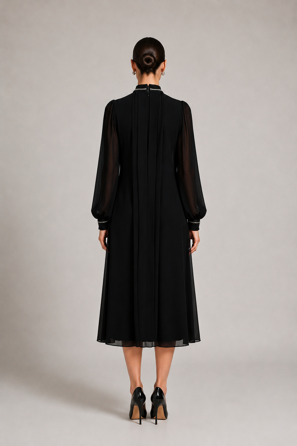 Chiffon Dress With Waterfall Neckline And Crystal Stone Embellishments Black