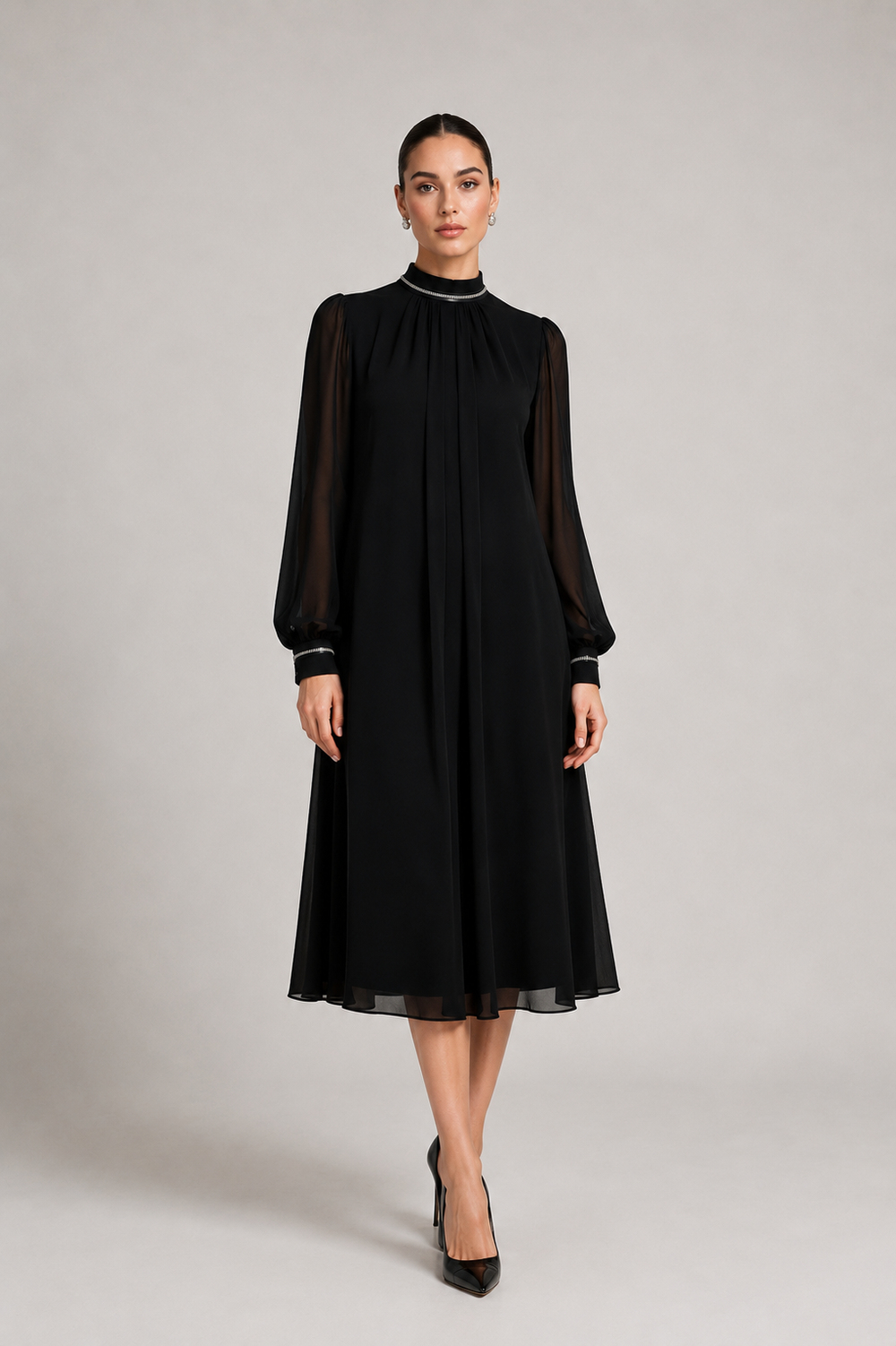 Chiffon Dress With Waterfall Neckline And Crystal Stone Embellishments Black