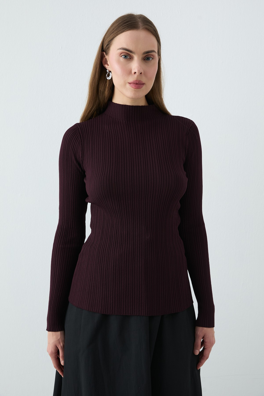 Erguvan Uzun Kollu Fitilli Triko Body Bordo
