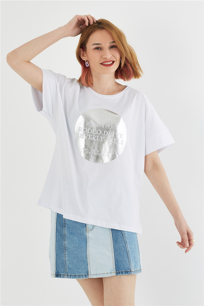 Avrile BASKILI T-SHIRT  BEYAZ  A22-10552