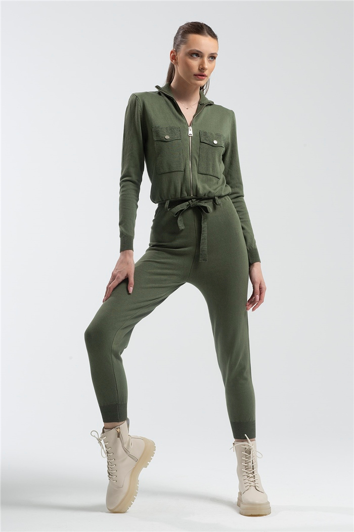 Avrile Cepli Fermuarlı Triko Tulum  HAKİ  A91608-S