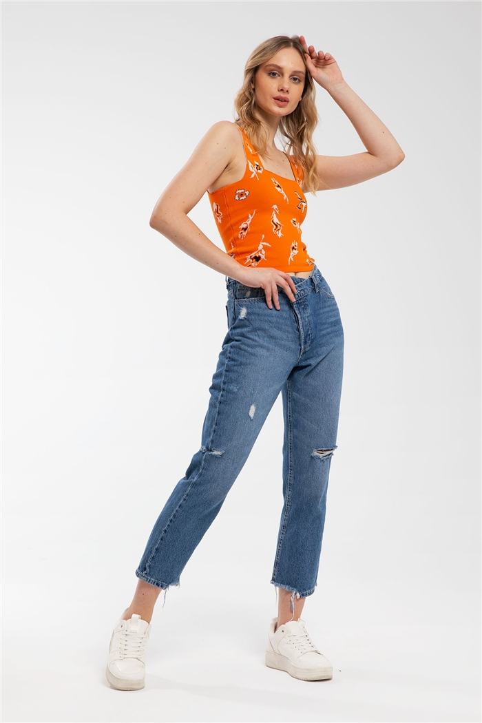 Avrile Çiçek Desenli Kare Yaka Triko Bluz  ORANJ  A91778-S