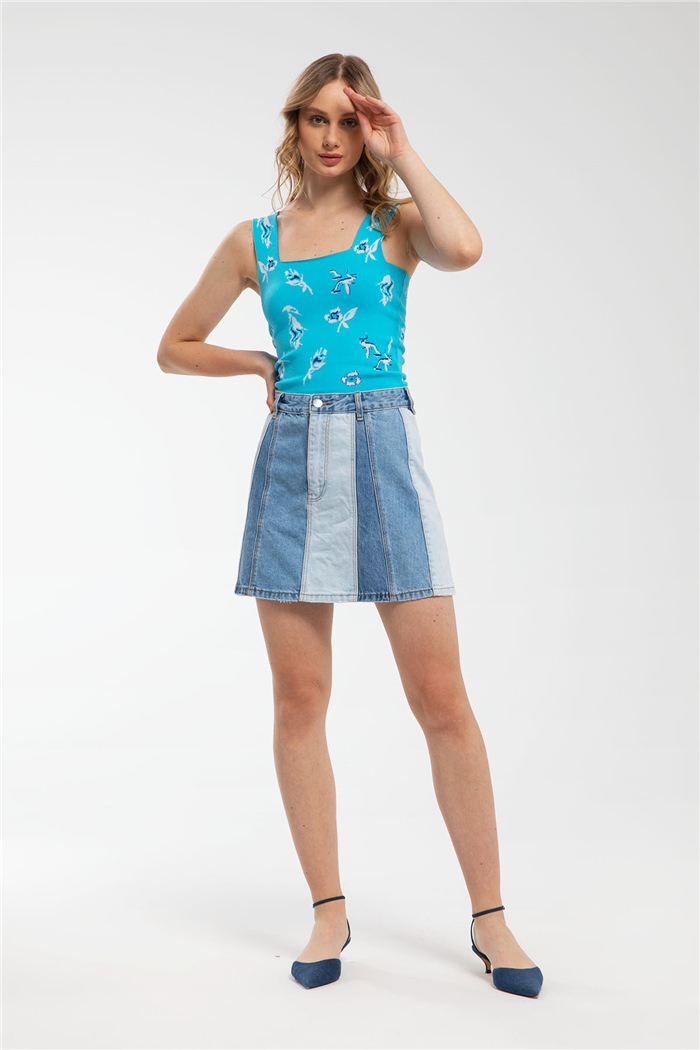 Avrile Çiçek Desenli Kare Yaka Triko Bluz  AQUA  A91778-S