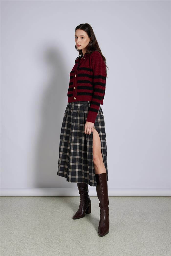 Avrile  DANTEL DETAYLI TRİKO HIRKA BORDO-SİYAH A92600-S