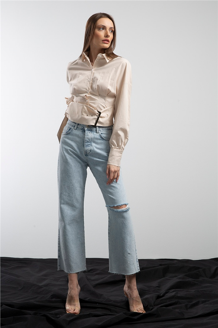 Avrile Düğmeli Önü Tokalı Gömlek  BEJ  A21-10347