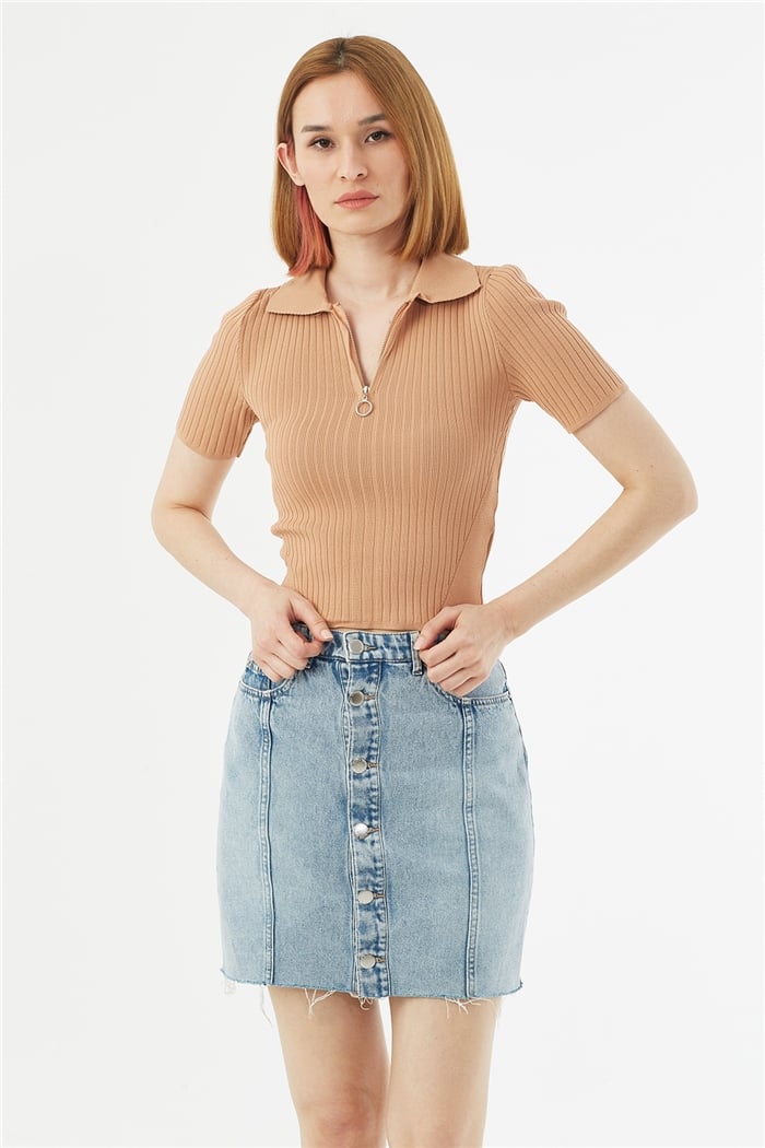 Avrile Fermuarlı Polo Yaka Kazak  CAMEL  A92063-S