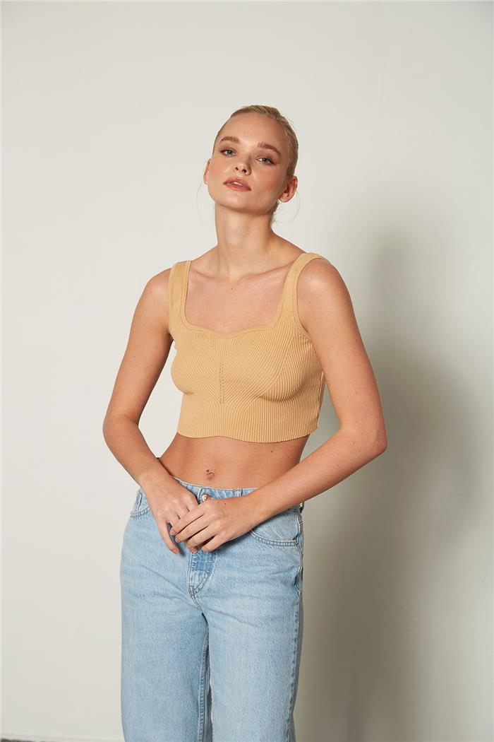 Avrile Kadın Asimetrik Fitilli Triko Atlet CAMEL A92319-S