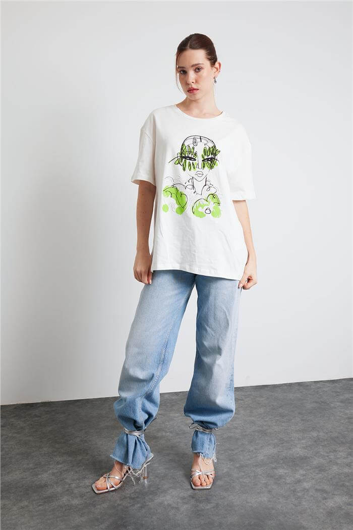 Avrile Kadın BASKILI BASIC T-SHIRT EKRU MA24-1045