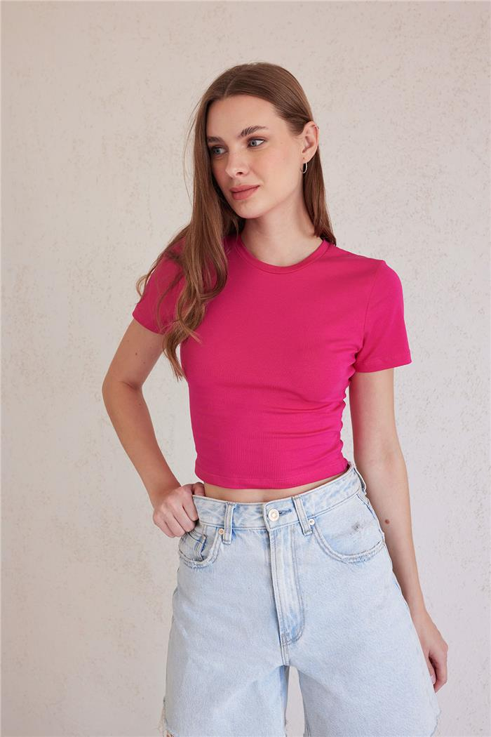 Avrile Kadın Bisiklet Yaka Crop T-Shirt FUŞYA MA23-1020