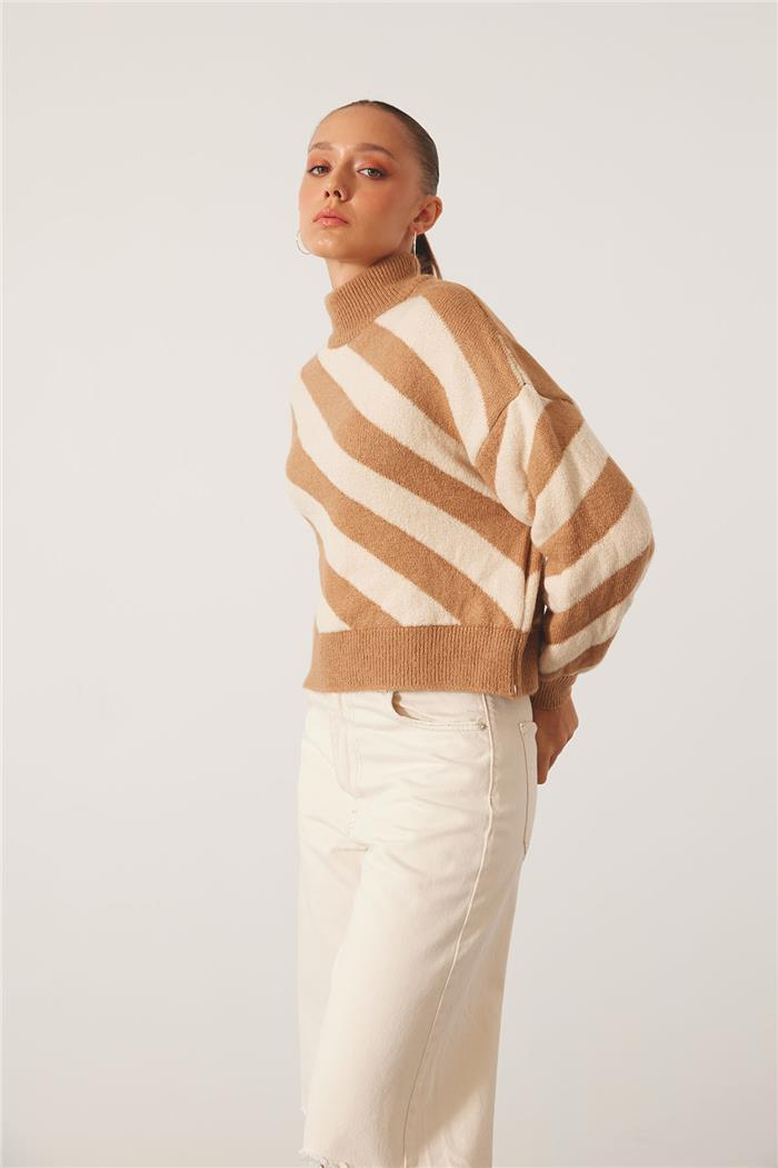 Avrile Kadın Çizgili Triko Kazak CAMEL-EKRU A92474-S