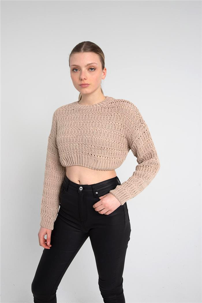 Avrile Kadın Desenli Crop Kazak BEJ A92239-S