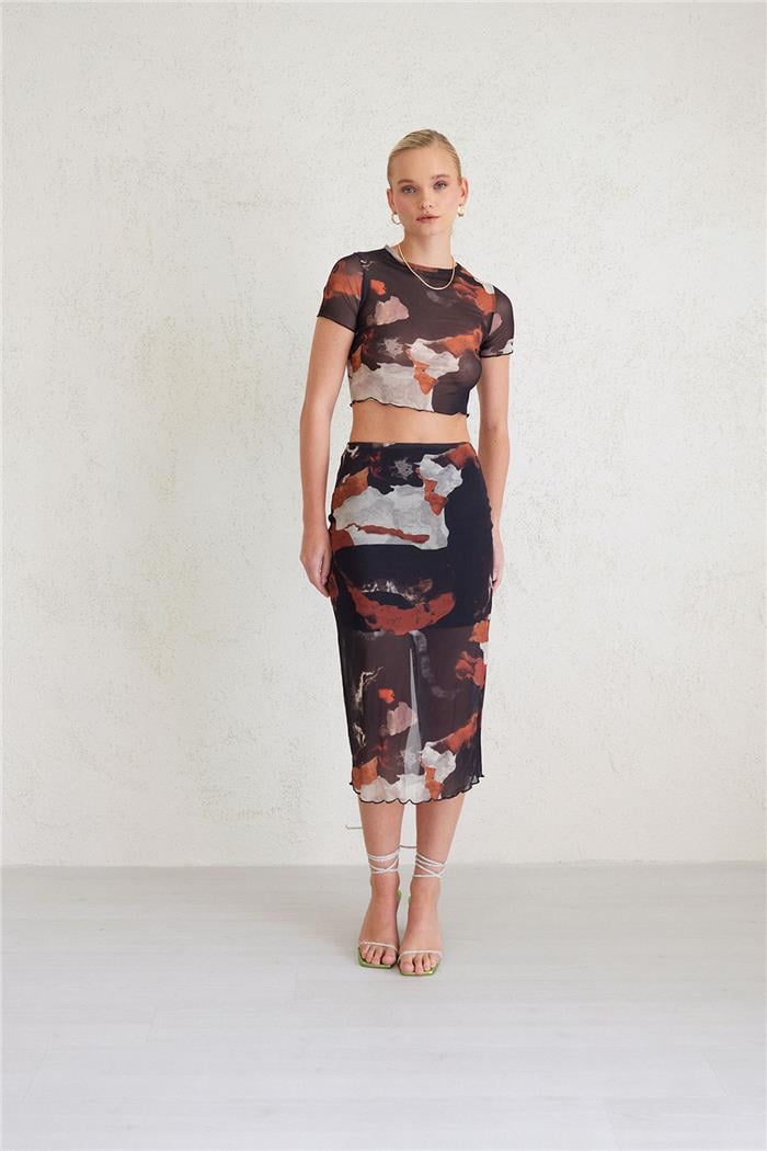 Avrile Kadın Desenli Tül Etek BEJ A23-10145