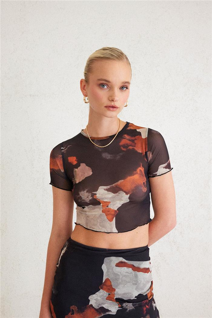 Avrile Kadın Desenli Tül T-Shirt BEJ A23-10144