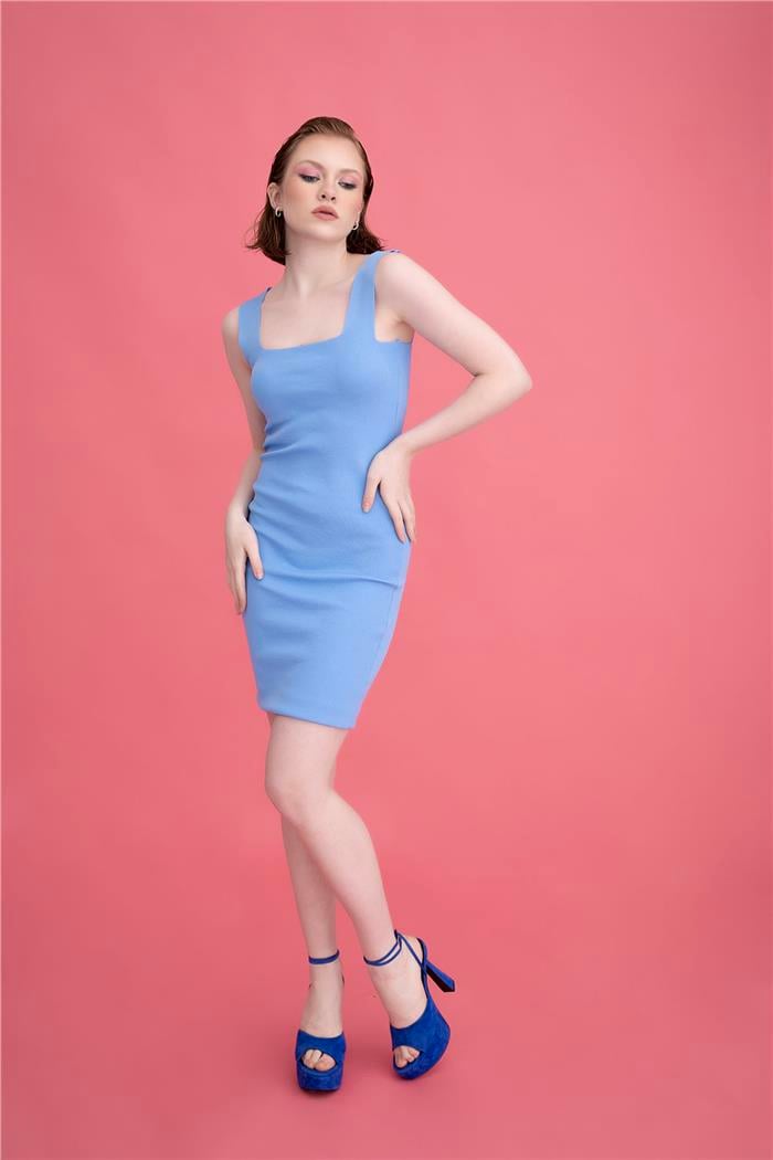 Avrile Kadın Kare Yaka Askılı Triko Elbise BEBE MAVİ A90827