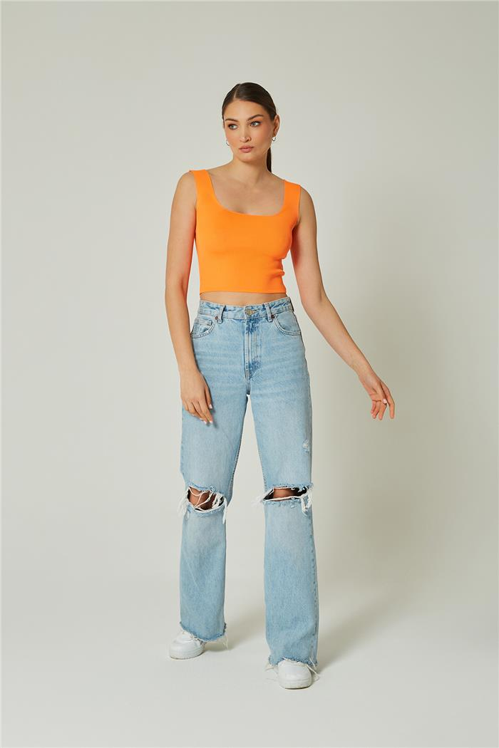 Avrile Kadın Kare Yakalı Triko Atlet NEON ORANJ A90779-S
