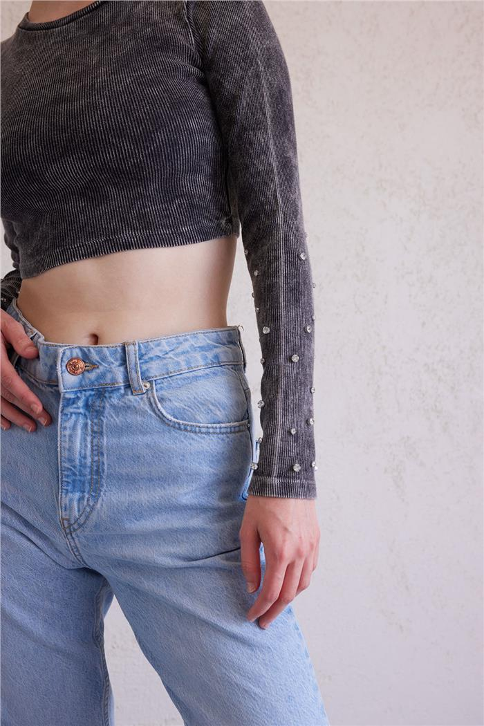 Avrile Kadın Kolları Taş İşlemeli T-Shirt ANTRASİT A23-10193