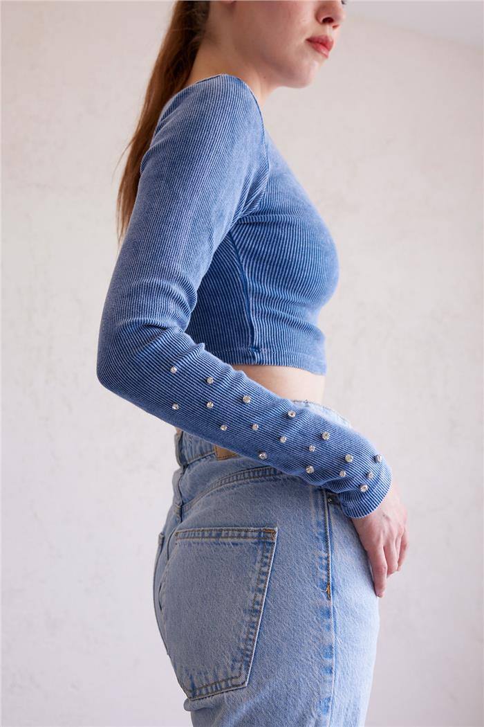 Avrile Kadın Kolları Taş İşlemeli T-Shirt İNDİGO A23-10193