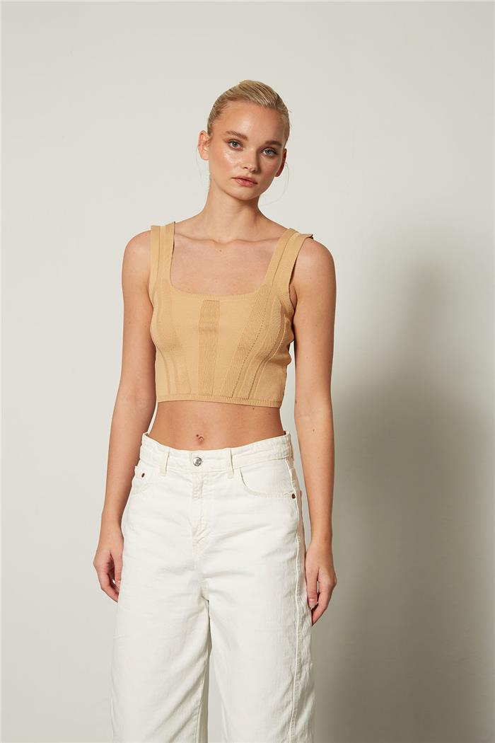 Avrile Kadın Korse Görünümlü Triko Top CAMEL A92339-S